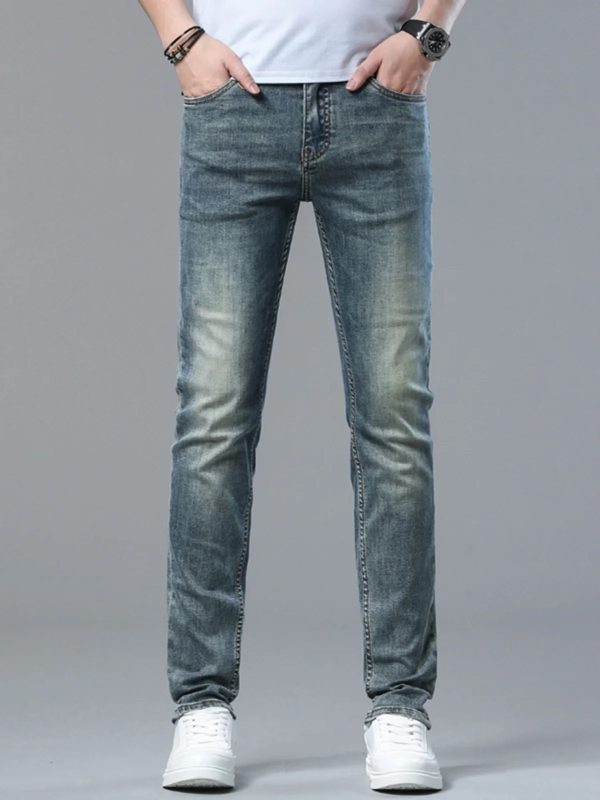 

Casual Embroidered Slim Fit Men's Jeans Elastic Cotton Denim Spring Autumn Wear Resistant Youth Faion mid Waist Zipper