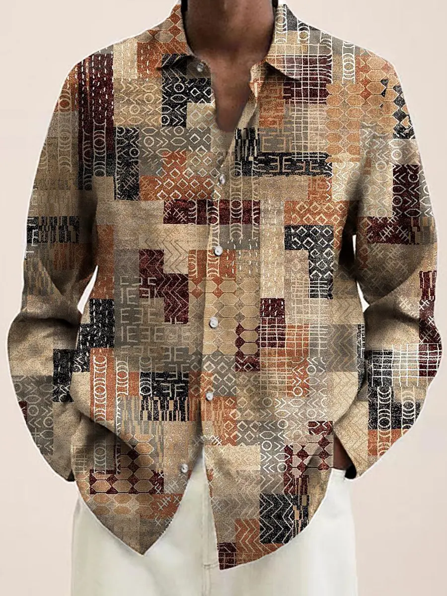 Trendy Men Button‑Up Shirt Vintage Tribal Patchwork Geometric Diamond Dot Ethnic Art Print Polyester Street Dating