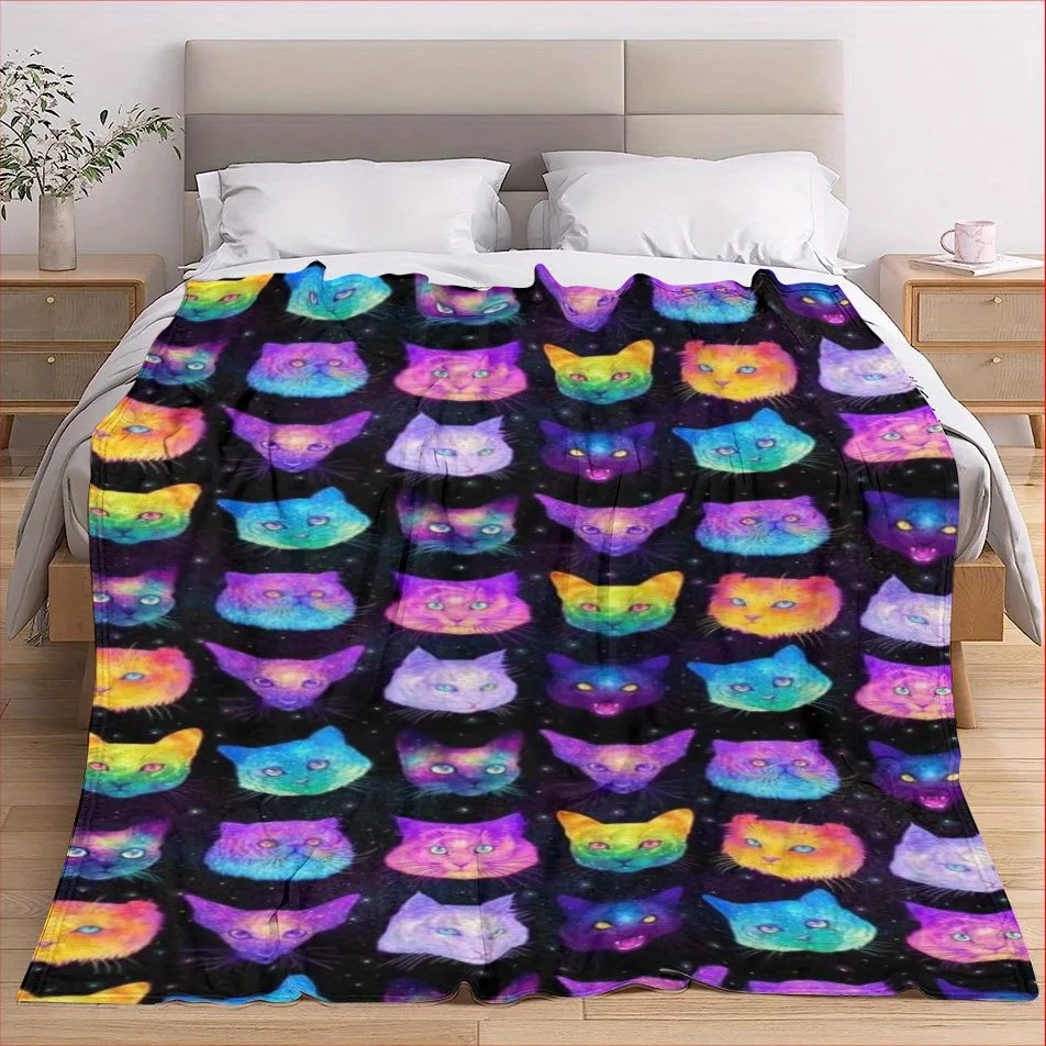 Colorful Cat Print Flannel Blanket, Soft and Warm Throw for Napping, Sofa Camping & Travel – Versatile Gift for All Seasons