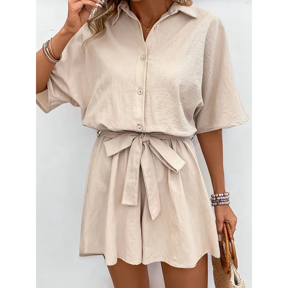 2025 Women Half Sleeve Lace-up Waist Ruched Short Jumpsuit Casual Button Front Turn-down Collar Romper Summer Fashion Outfits