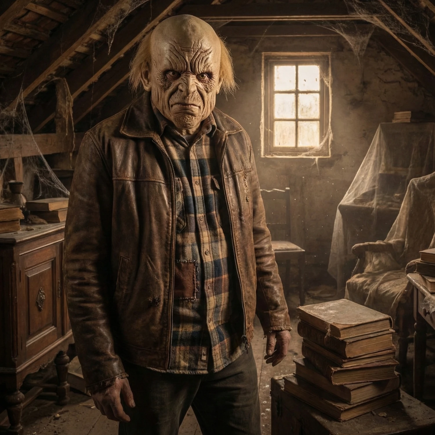 Gruselige, böse aussehende Maske eines alten Mannes, gruseliges, faltiges Gesicht, Latex-Kopfbedeckung, Halloween-Spukhaus-Requisite mit zartem Haar