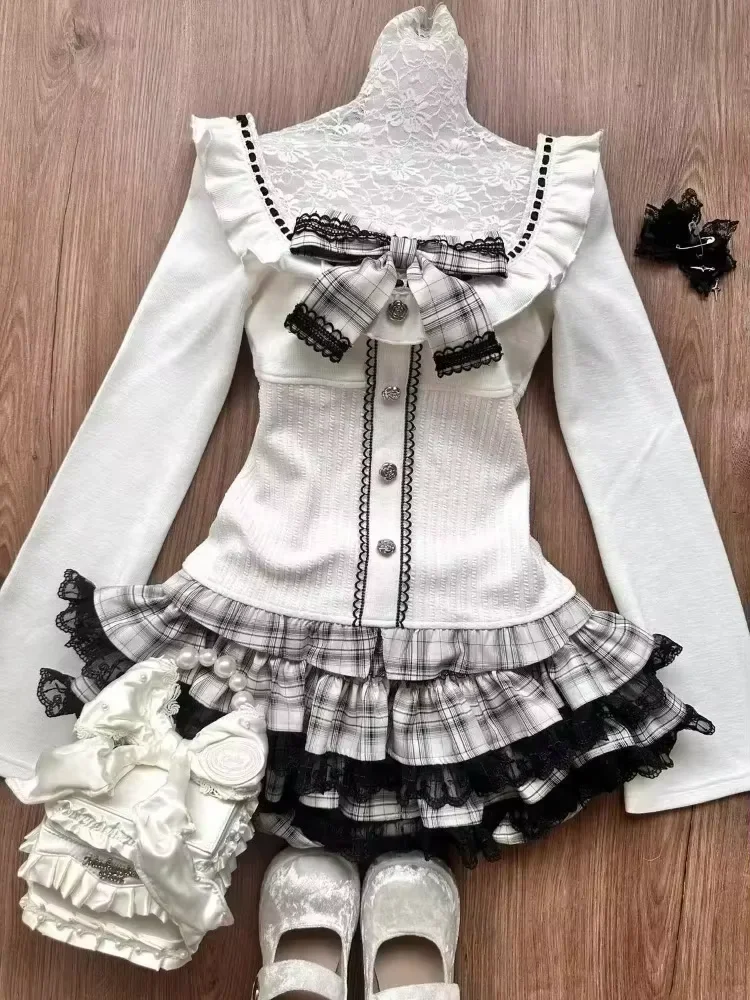 Y2k Gothic Sweet 3 Piece Set Autumn Casual Long Sleeve Cardigan + Slim Lace Bow Vest + Plaid Mini Cake Skirt Women Outfits New