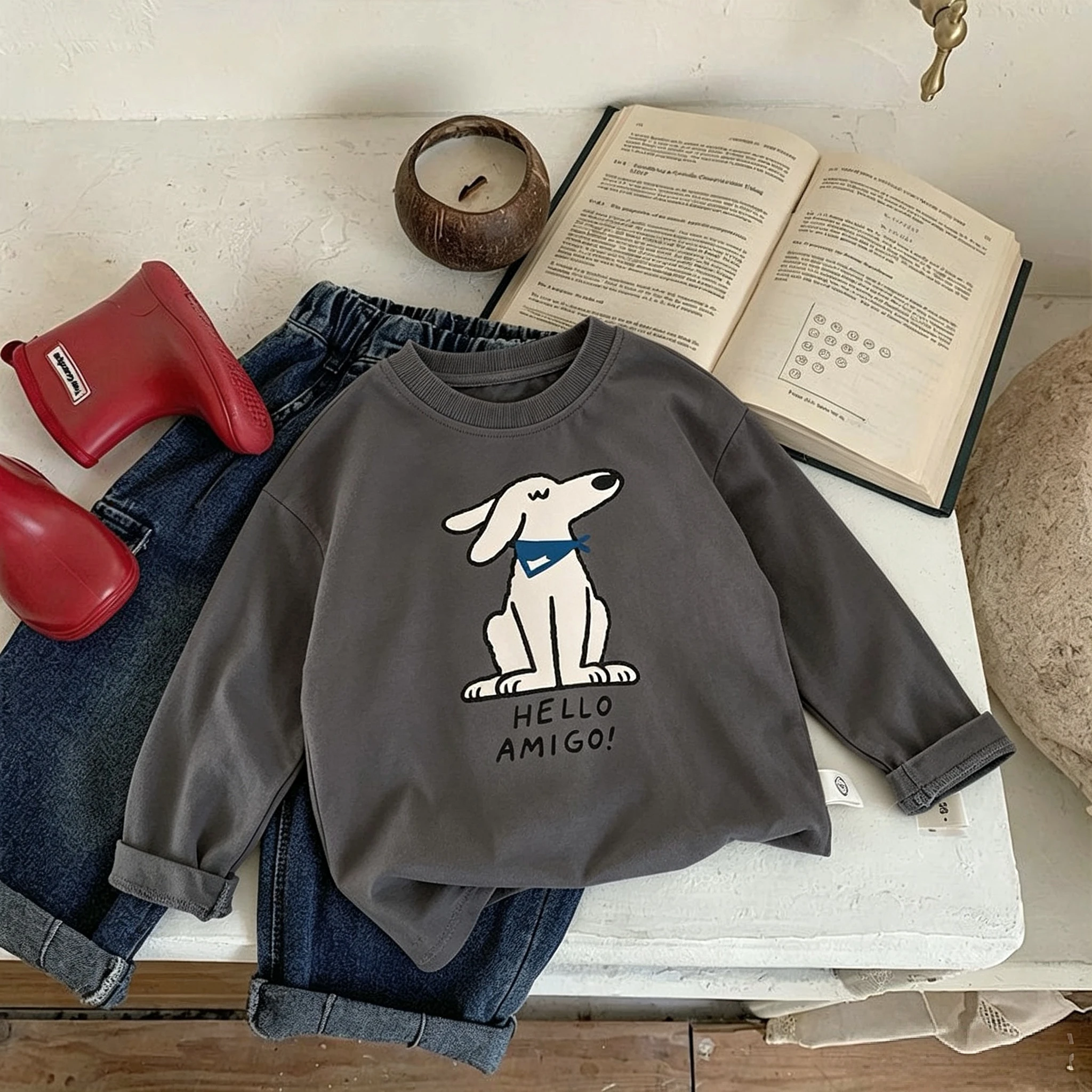 Kinderoberteile für 1-7-Jährige, Basishemd, Frühling-Herbst-Kleidung, schlicht, vielseitig, modisch, Kinder-Langarm-T-Shirts, Rundhalsausschnitt – Detail 7