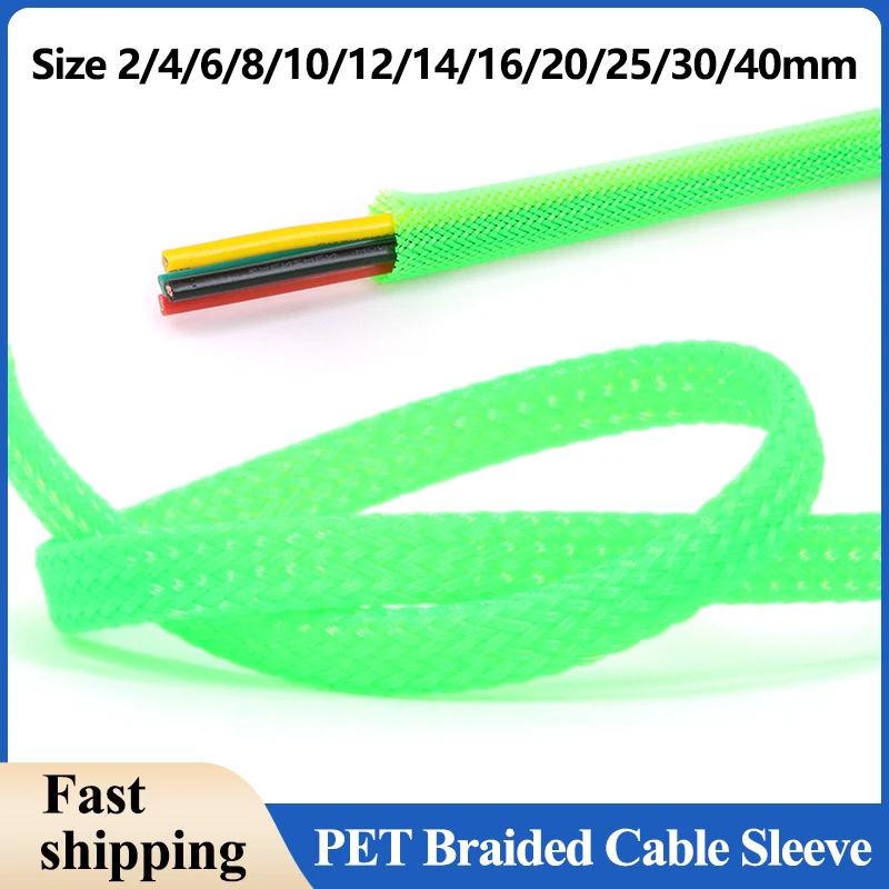 

UV Green PET Braided Cable Sleeve 2/4/6/8/10/12/14/16/20/30/40mm Expandable High Density Insulated Cables Protection Wrap Sheath