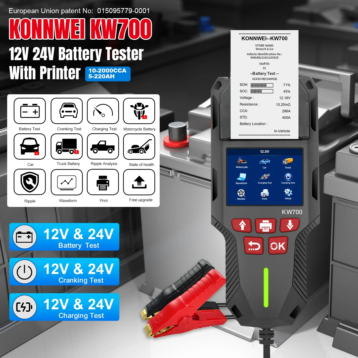 

Conway KW700 Принтер для тестирования аккумуляторов для автомобилей и грузовиков 12 В 24 В Анализатор заряда Тест заряда 10-2000CCA