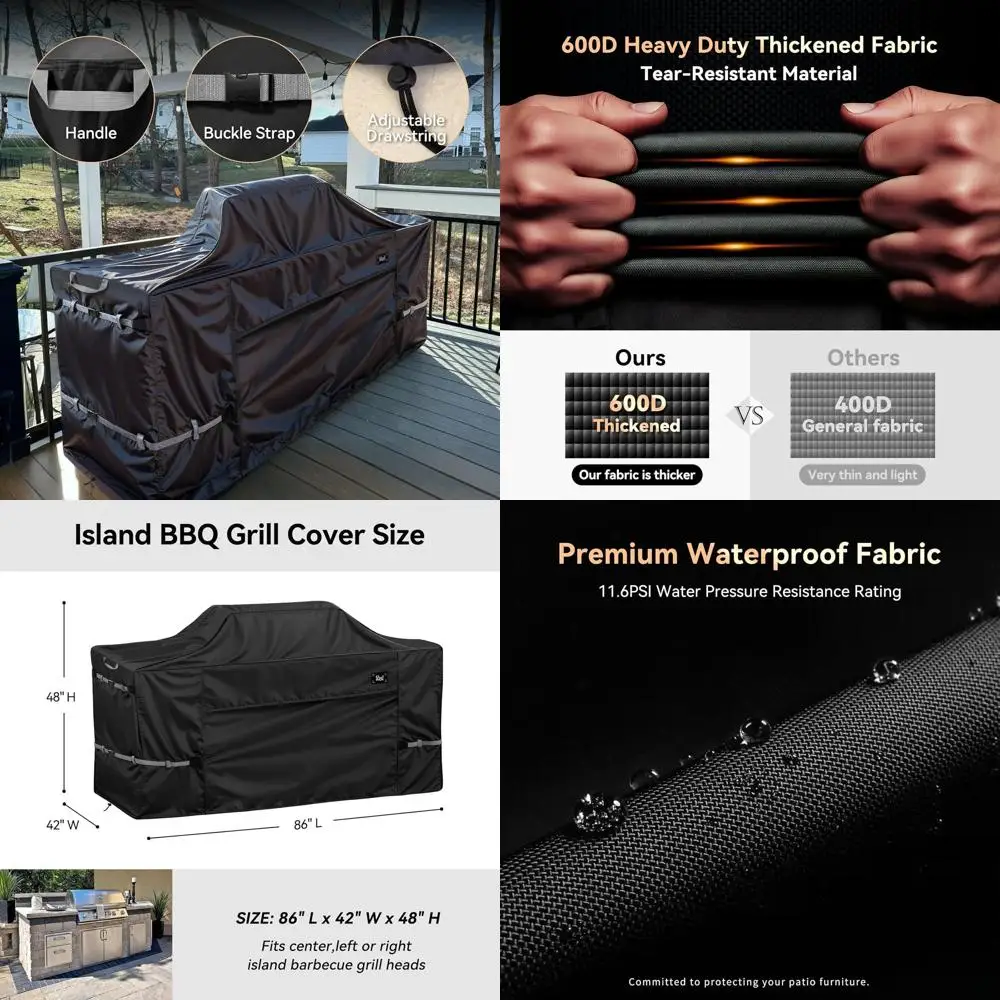 

86 Heavy-Duty 600D Waterproof BBQ Cover for Outdoor Kitchens, Fade & Tear Resistant with Buckle, Drawstring, Air Vent, Black