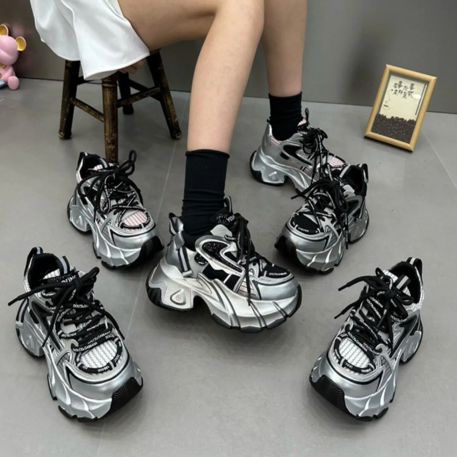 Women High Platform 6CM Casual Sneakers 2024 New Spring Lace-up Chunky Sneakers Korean All-match Designer Street Shoes Woman