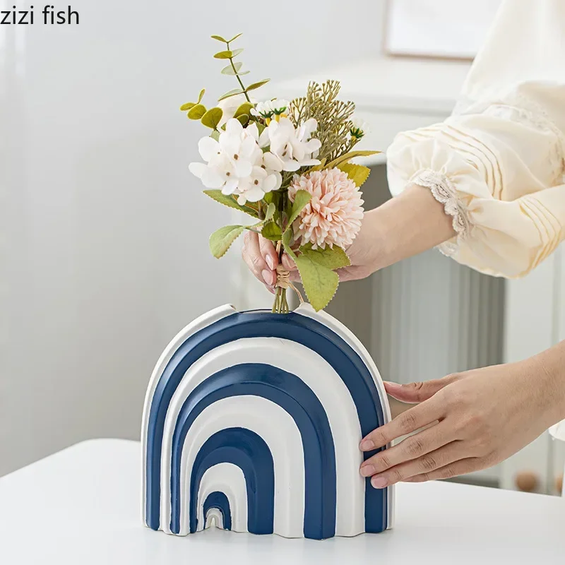 Blue and White Striped Ceramic Vase Flower Arrangement Vase Desktop Artistic Flower Utensils Desktop Ornament Home Decoration