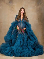 Royal Blue Bridal Maternity Dresses for Photo Shoot V Neck With Belt Full Sleeves Pregnant Robe Custom Made Women Prom Gown