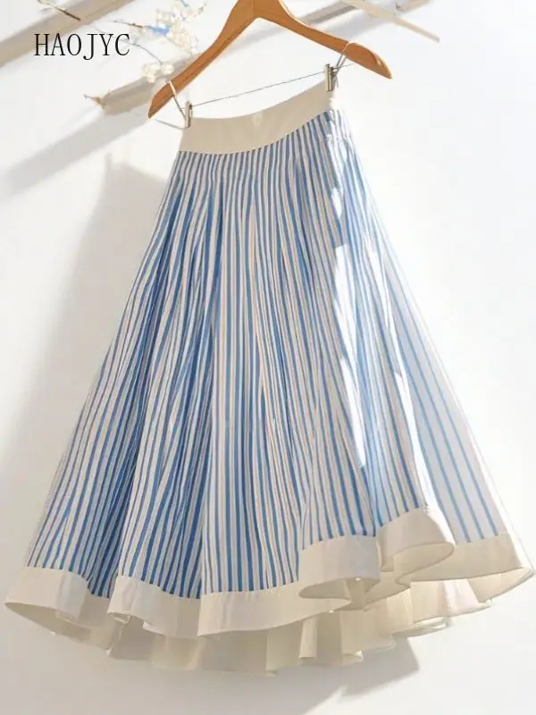 2025 Mori small man new high waist and thin summer temperament high beautiful blue skirt stripes