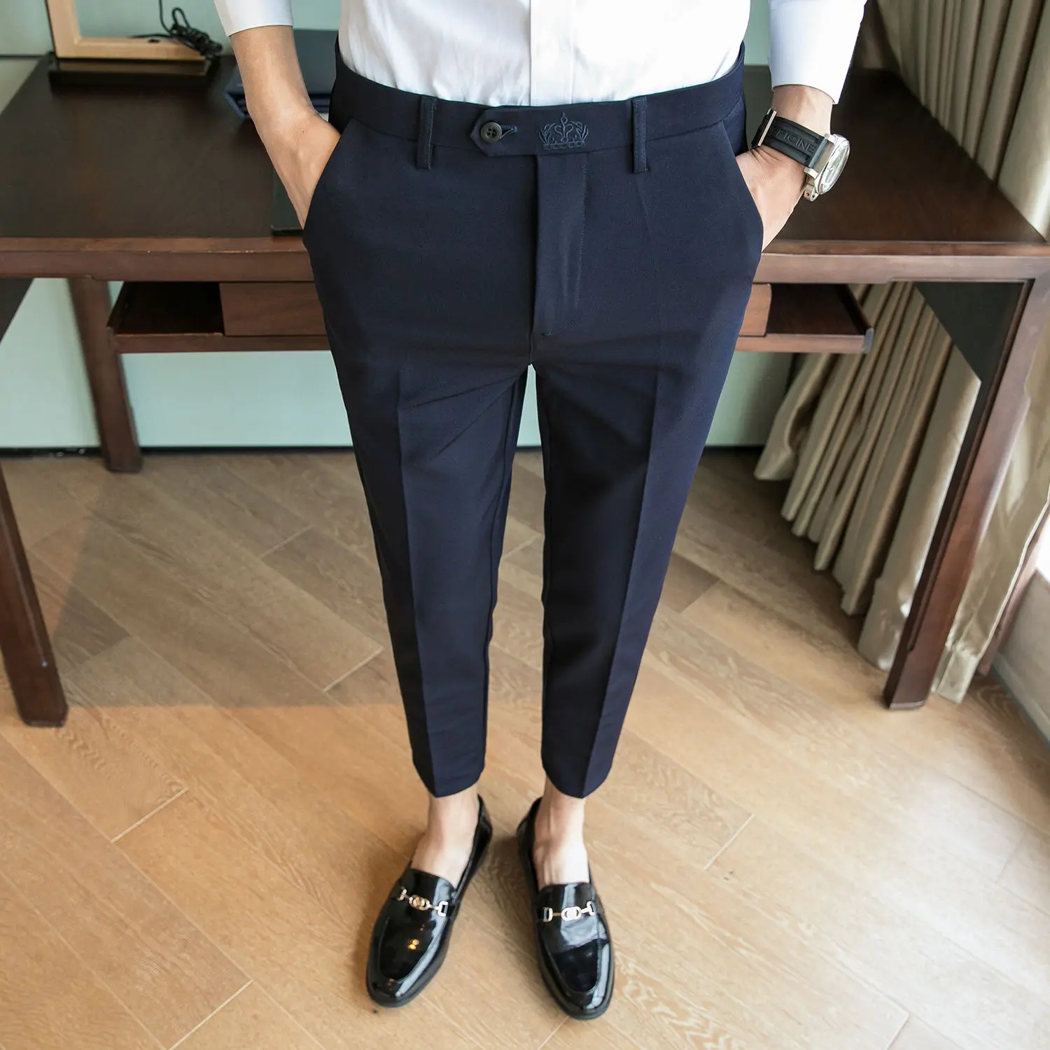 Trousers for Men Cropped Slim Fit Formal Work Casual Pants Man Dress Tailoring Baggy Polyester Slacks Korean Style Cotton Sale