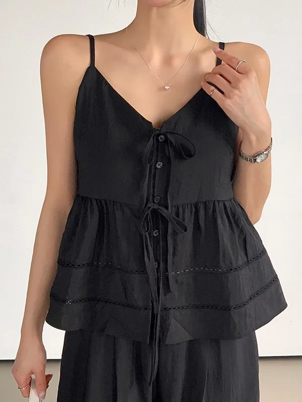 

Chic Black Lace Trim Splice Strap Women's Loose Wide Leg Pants Fashionable Two Piece Set High Waist Long Pants Sleeveless mid...