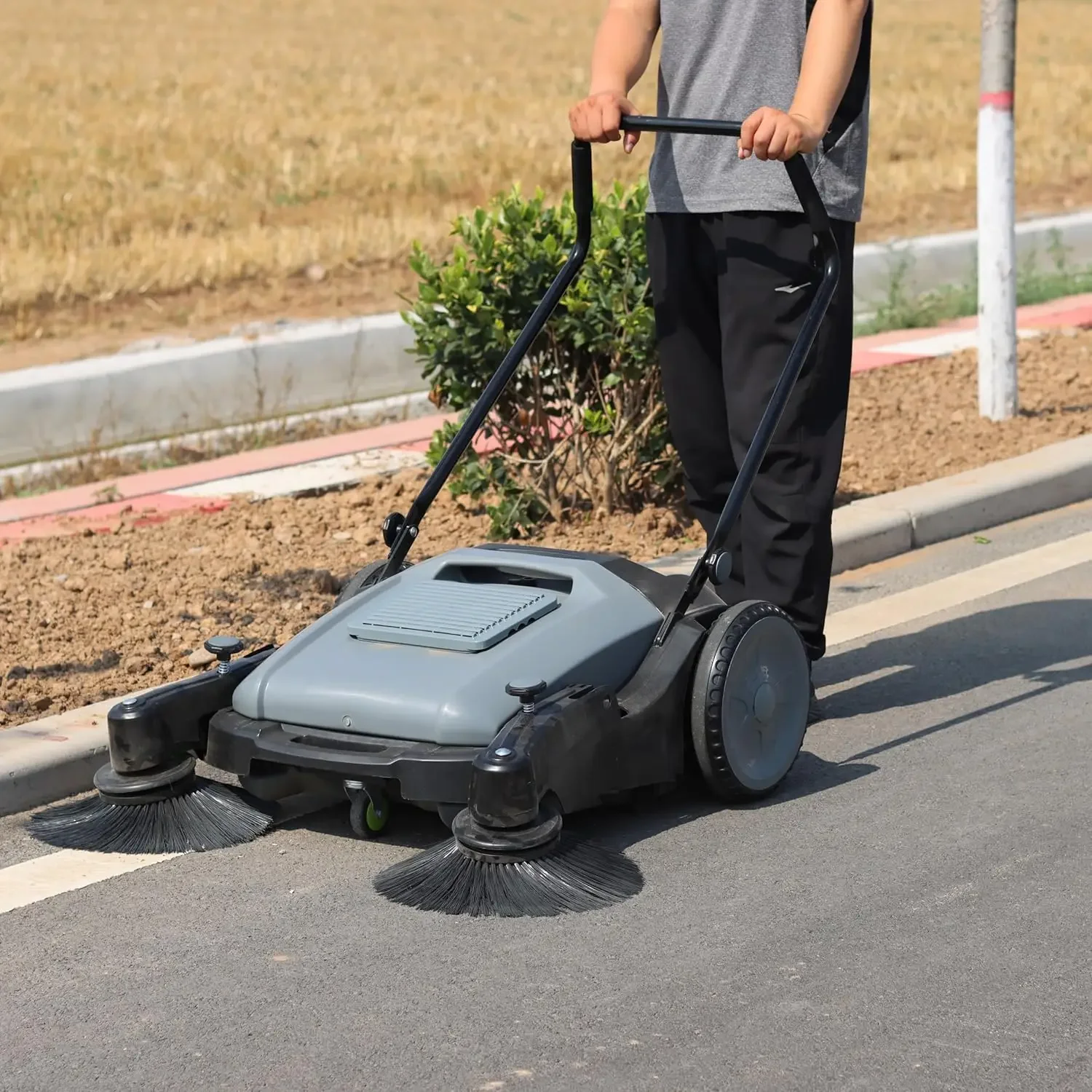 Walk Behind Push Sweeper,41" Sweeping Width,14.5 Gallon Capacity,Large Area Floor Cleaning of Dust Litter