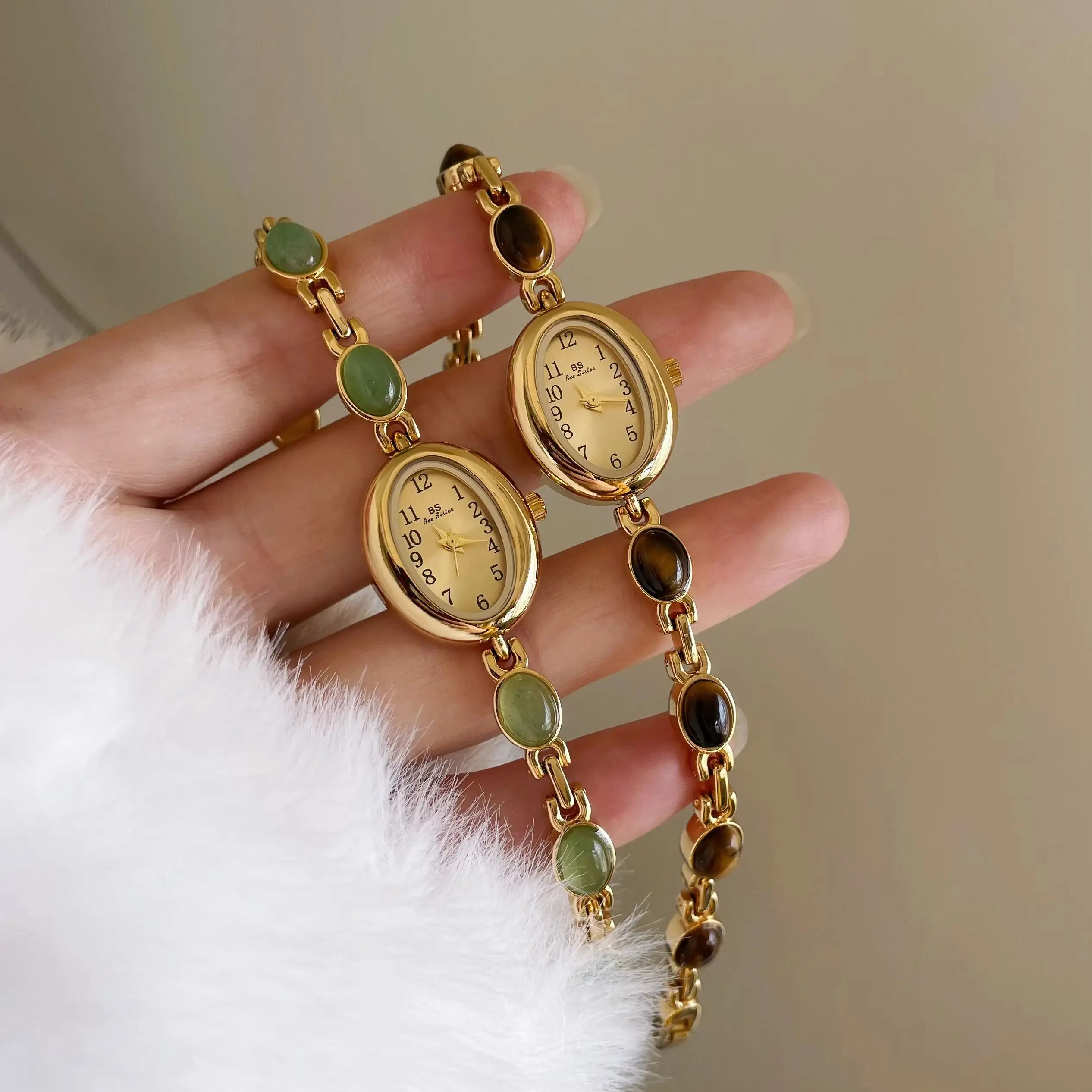 

Модные повседневные женские часы Lucky, натуральные цветные нефритовые часы с цепочкой, водонепроницаемые, с цифровым овальным циферблатом, элитные женские наручные часы