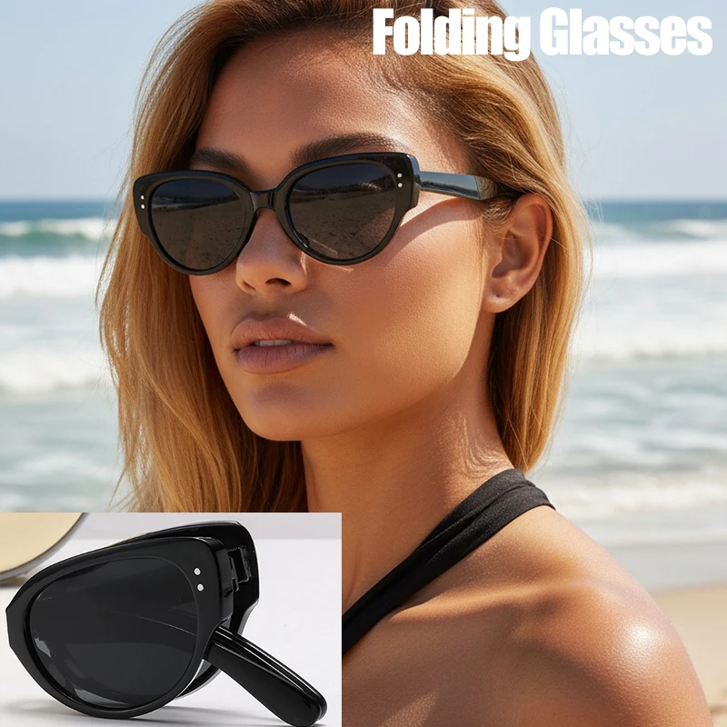 Neue Retro-Falt-Cat-Eye-Sonnenbrille für Damen für coole Fotografie, große Gesichtsbrille zum Fahren, Sonnenschutz-Sonnenbrille 9674