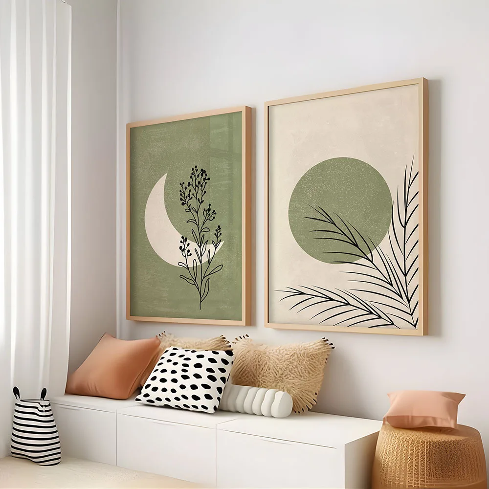 2pcs/set Bohemian Plant Moon Sun Canvas Poster Green Beige Background Landscape Wall Art Print for Modern Living Room Home Decor view 2