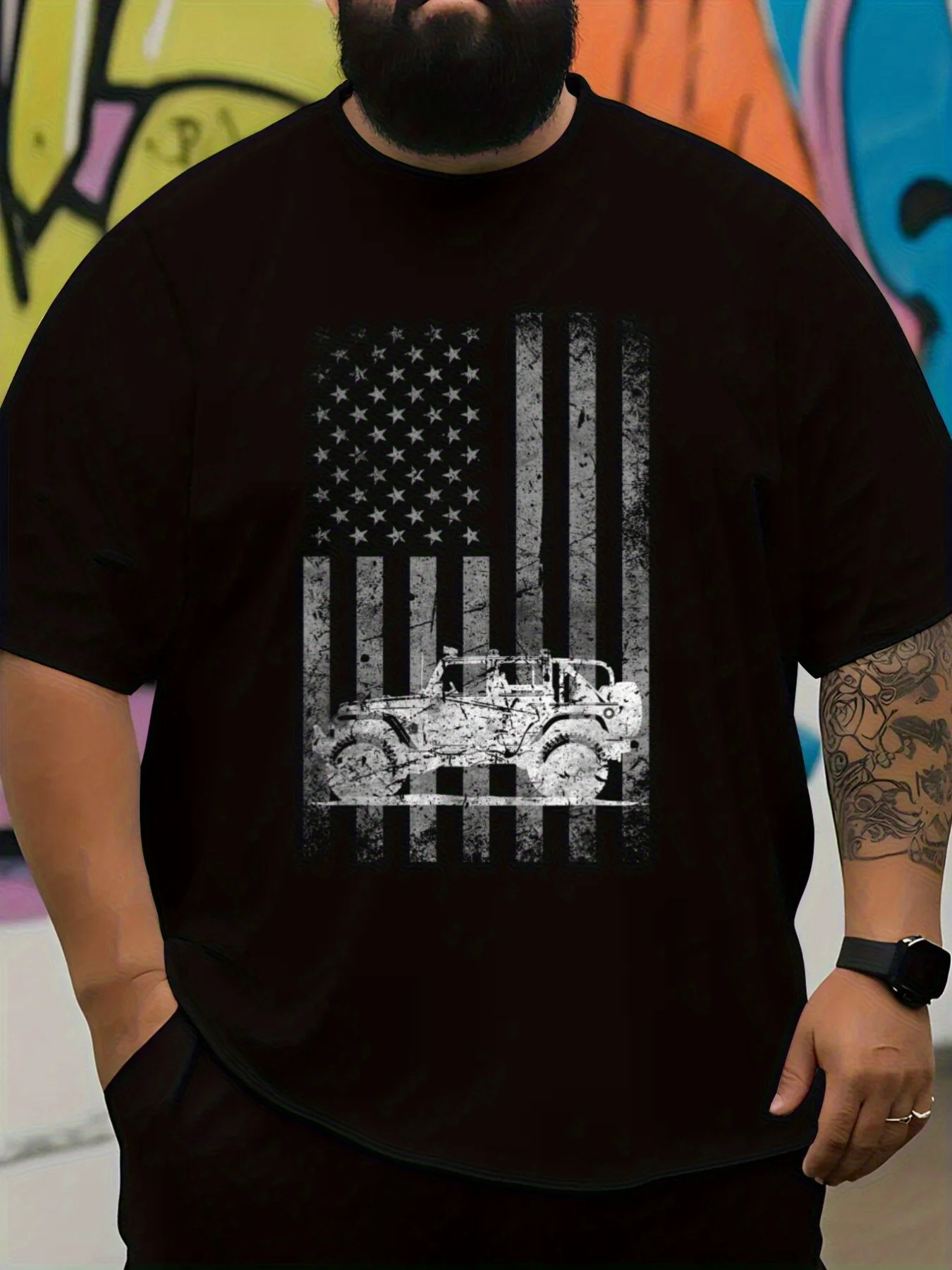 Vintage American Flag Off-road Vehicle Graphic T-Shirt 100% Cotton O-Neck Short Sleeve Summer Casual Mens T-shirt Streetwear