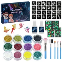 Kit de tatuaje de purpurina temporal de 12 colores para niños con 24 plantillas Adultos, niñas, niños, artes, purpurina, kit de maquillaje, hermosos regalos navideños