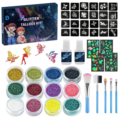 Imagen 1 del producto Kit de tatuaje de purpurina temporal de 12 colores para niños con 24 plantillas Adultos, niñas, niños, artes, purpurina, kit de maquillaje, hermosos regalos navideños