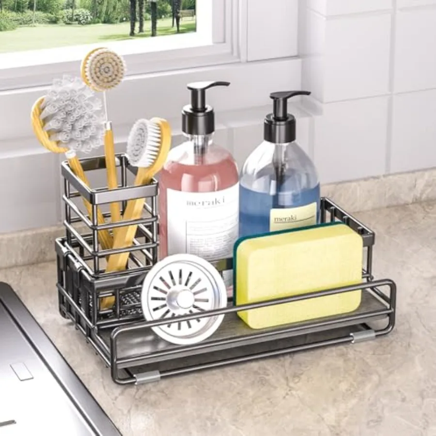 

Large Family-Sized Sponge Holder for Kitchen Sink Organizer - Sink Caddy with Instant Drying Stone, Stainless Steel Sponge Hold
