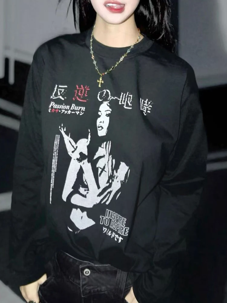 

Men Tshirt Oversized Cotton Long Sleeve Shadow Print Y2k Top Tees Harajuku Streetwear Vintage Graphic Japan Aesthetic Clothing