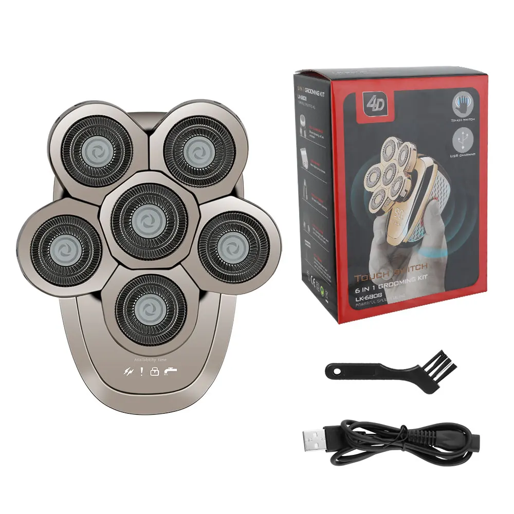 

Электробритва мужская 4D 6-в-1 с 6 головками, перезаряжаемая бритва для бритья наголо, водонепроницаемый набор для влажного/сухого бритья с сенсорным переключателем