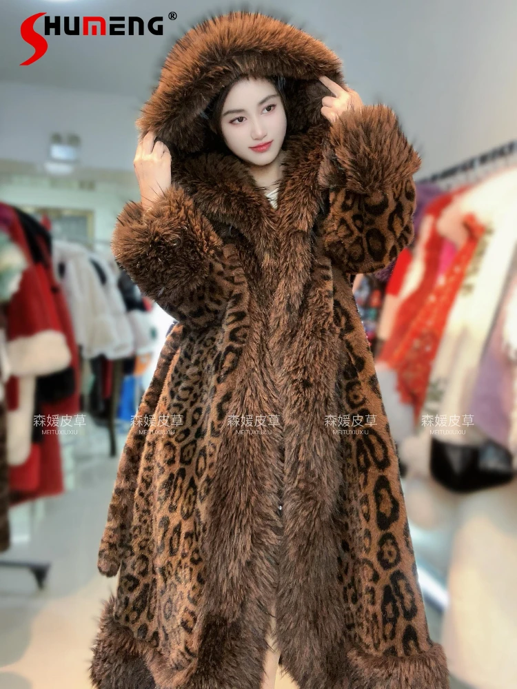 2024 Women's Winter New High-end Atmospheric Long Hooded Warm Faux Fur Feminine Leopard Print Long Sleeve Chic Hoodies Fur Coats