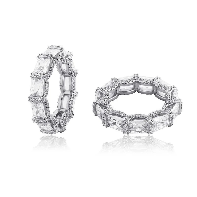 Iced Out Baguette Cubic Zirconia Eternity Ring Unisex Hip Hop Statement Ring Trendy Men Women Fashion Stage Jewelry Wholesale