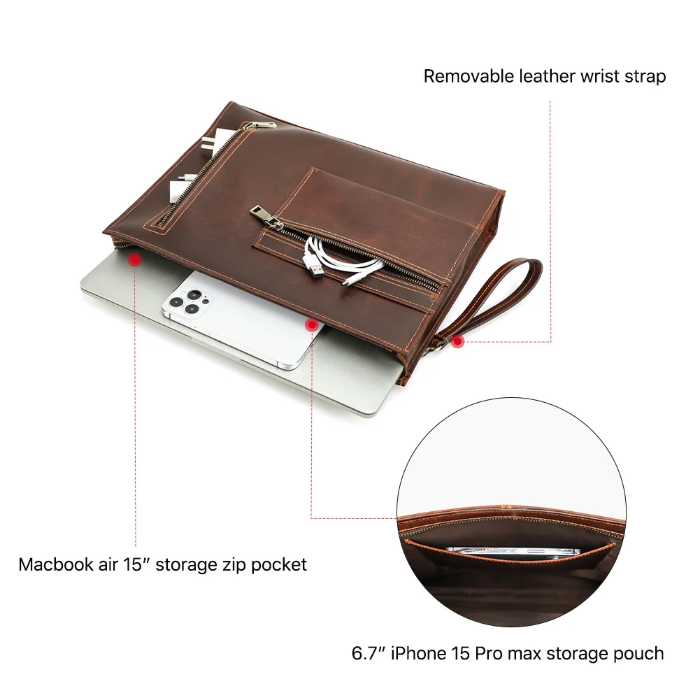 Genuine Leather Men Briefcase Sleeve Case For Macbook Pro Air 14 15 Laptop Bag Large Capacity With USB Data Cable Storage Pocket