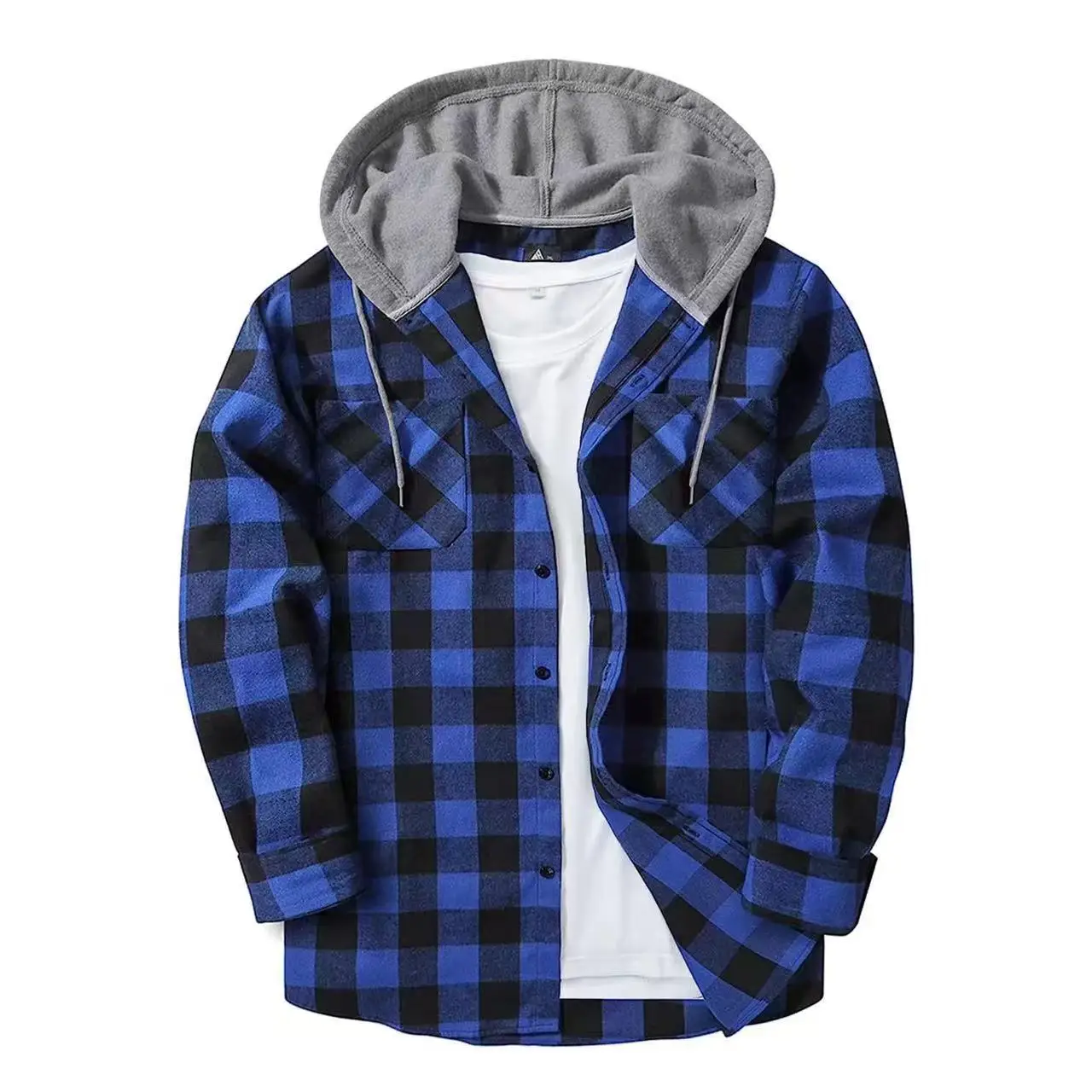 Spring Autumn Mens Shirts Classic Plaid Casual Button Down Hooded Long Sleeved Double Pockets Shirt Hoodie Flannel Jacket Unisex