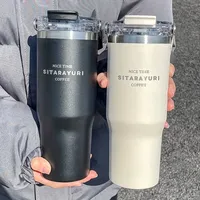 304 vacuum insulated stainless steel cup, hot travel cup with straw, insulated water bottle for camping, hiking and picnic 900ml