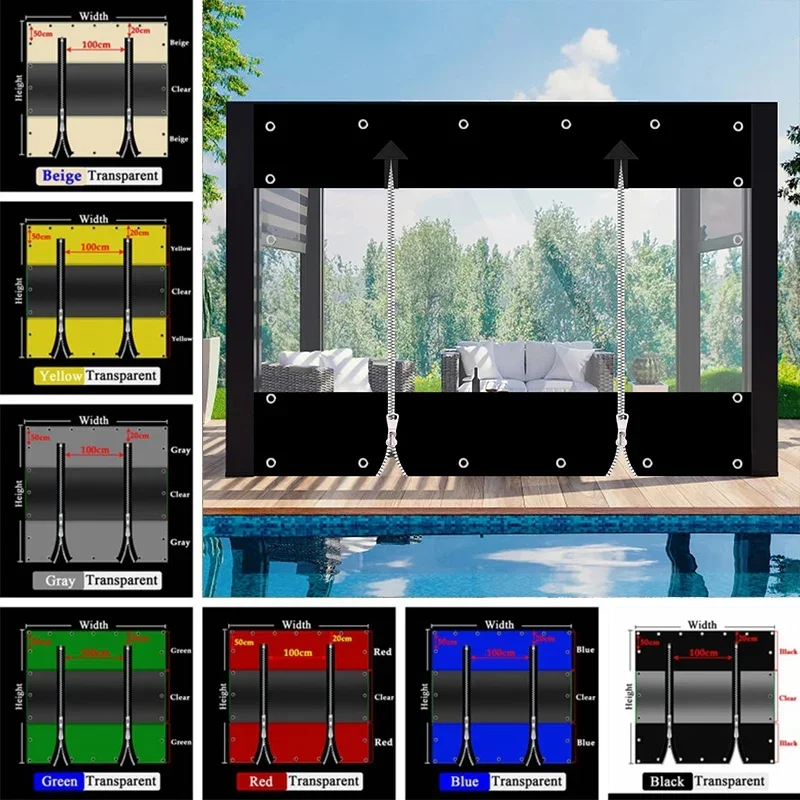 Customize Outdoor Pergola See Though Zipper Tarpaulin Heavy Duty Carwash Room Tarp Curtain Patio Terrace Rainproof Cloth