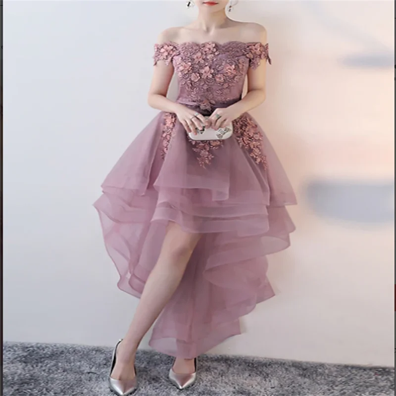 

A-Line Prom Party Dress Floral Dress Wedding Guest Prom Asymmetrical Short Sleeve Off Shoulder Tulle with Appliques Masquerade D