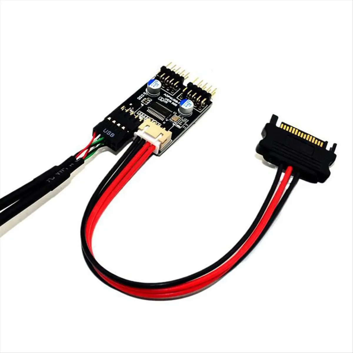(A32M) 9pin USB Connector 1 to 2 USB Extension Cable USB HUB USB2.0 9Pin Header Connector Adapter with SATA Power Cable