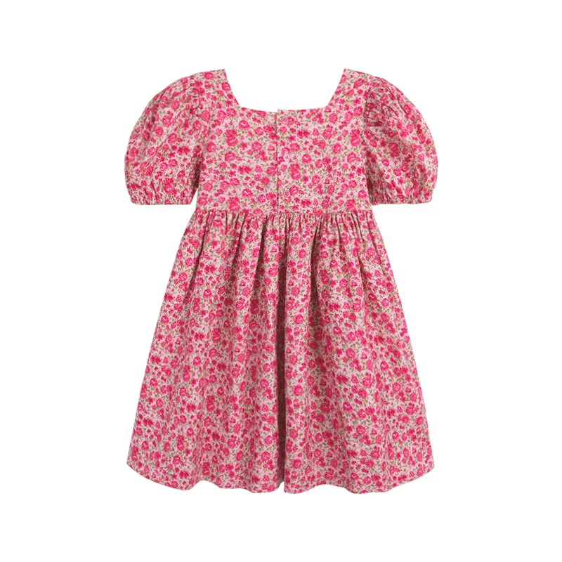 Girls\' Dress Flower Solid Color Square Neck Puff Sleeve Dress Sweet Princess Dress 2023 Summer New Fashion Children\'s Clothing