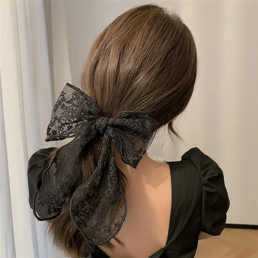 New Korean fashionable beige black embroidered lace fabric bow style hairpin hair accessories adult girls retro lady accessories