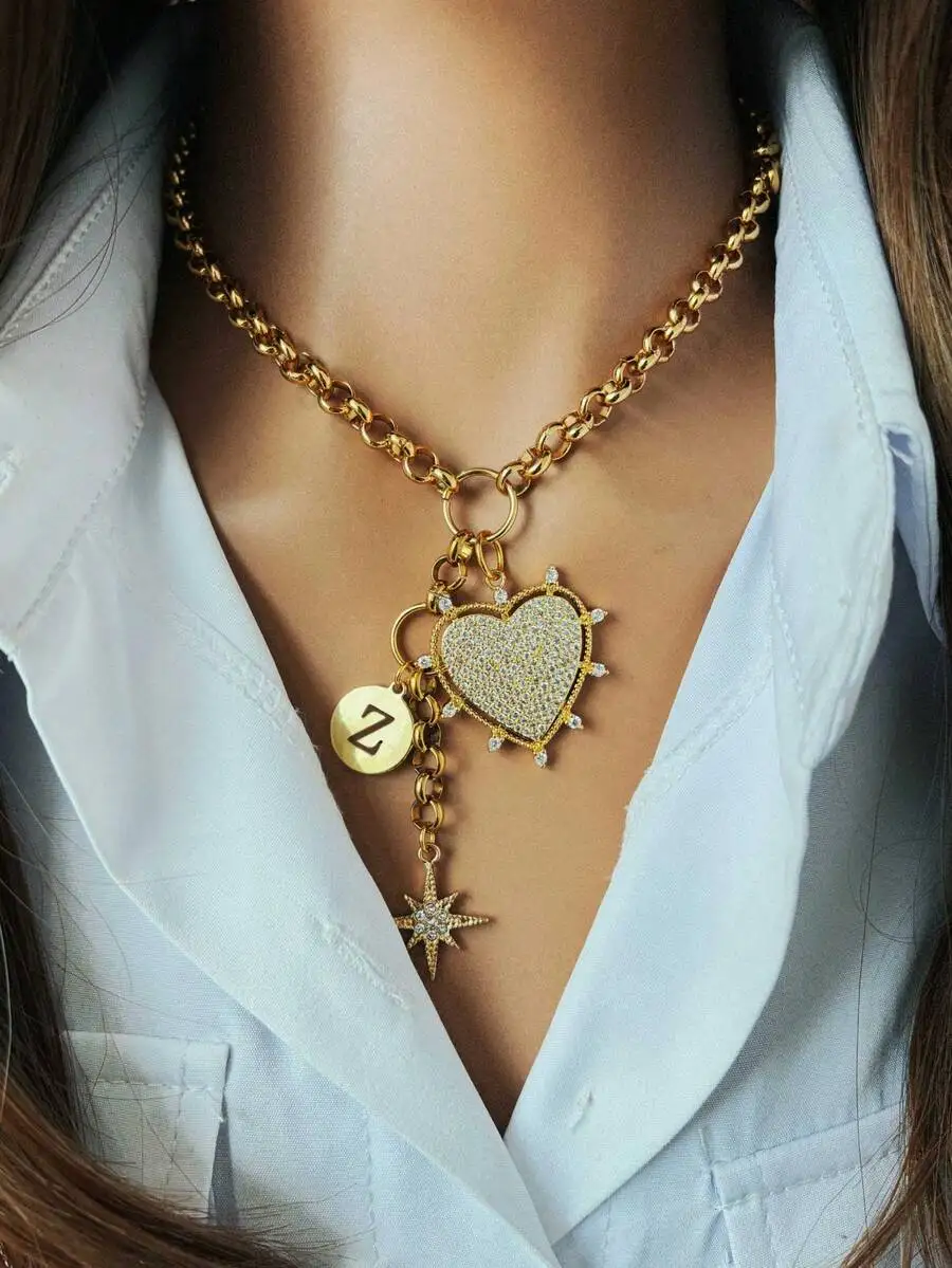 

Womens Layered Pendant Necklace With Rhinestone Heart Star And Letter Charm