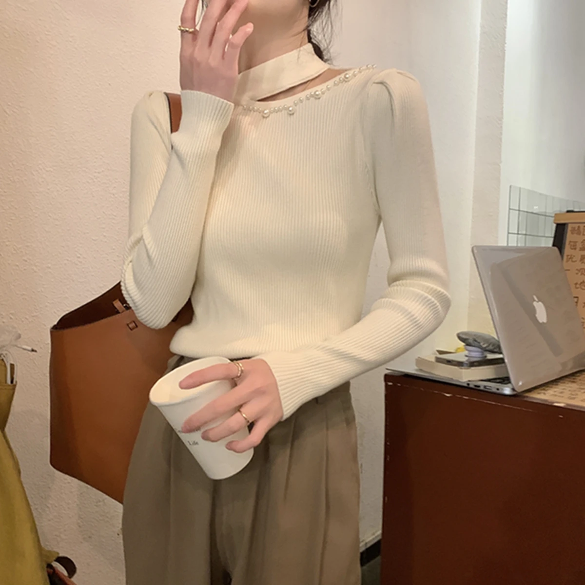 여성용 티엔드 f-하이 칼라 니트 베이스 셔츠 봄 가을 홀로우 아웃 디자인 슬림 핏 한국 스타일 출퇴근용