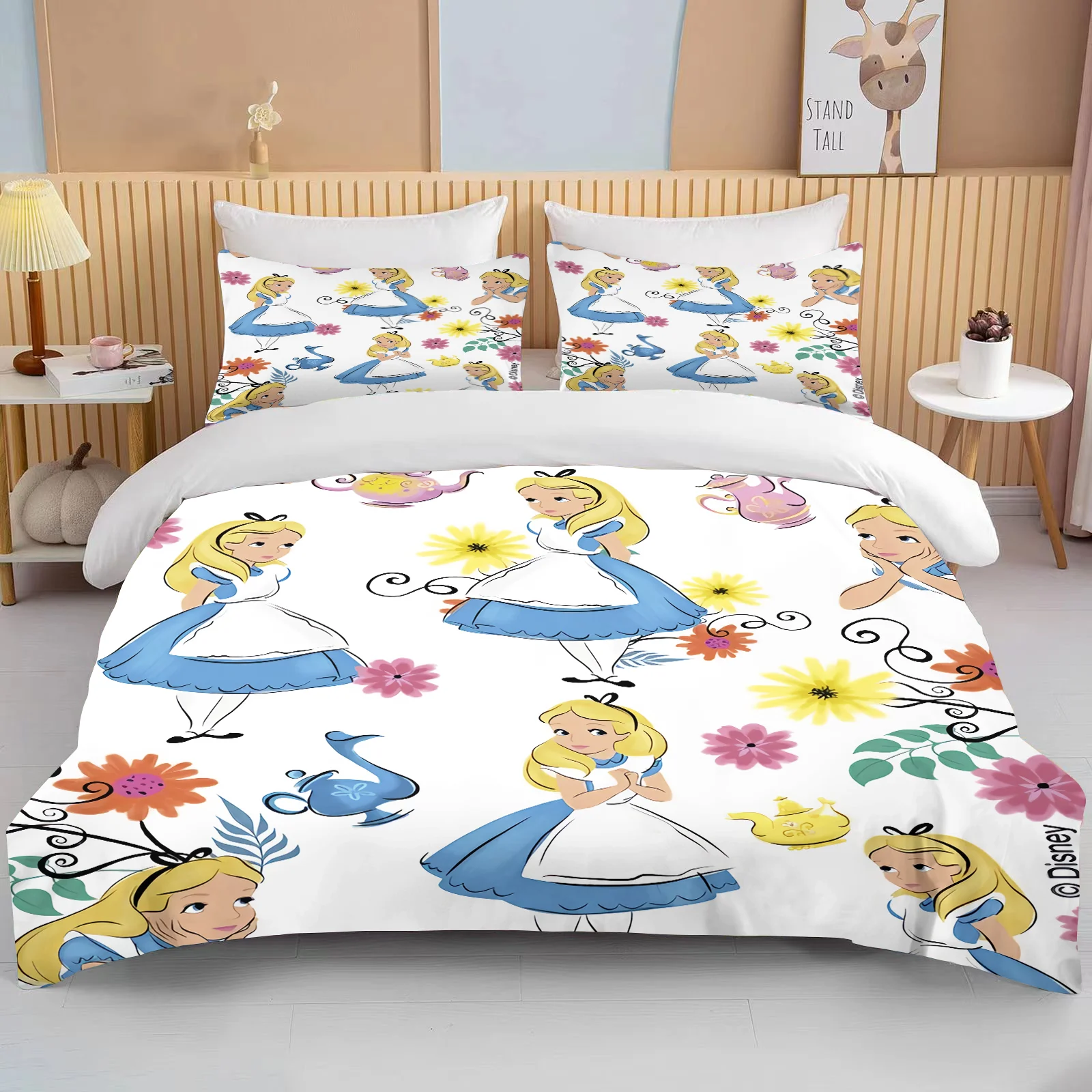 Disney Alice nel paese delle meraviglie Set biancheria da letto stampata Cartoon Anime Set letto in microfibra federa copriletto per adulti camera