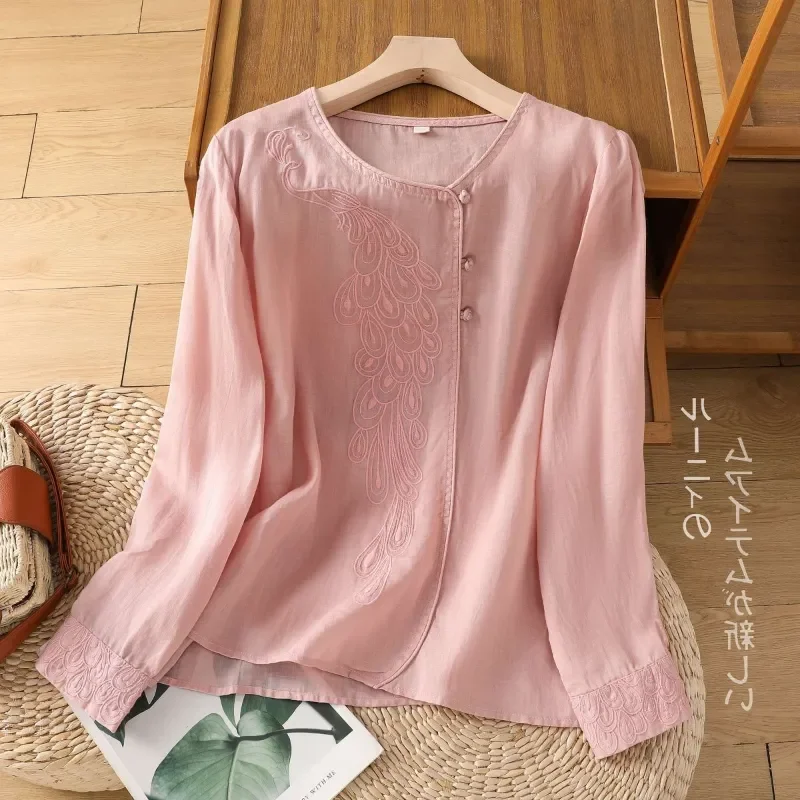Women's New Chinese Style Linen Shirt Autumn Peacock Embroidery Buttoned Casual Top Loose Cotton Linen Blouse
