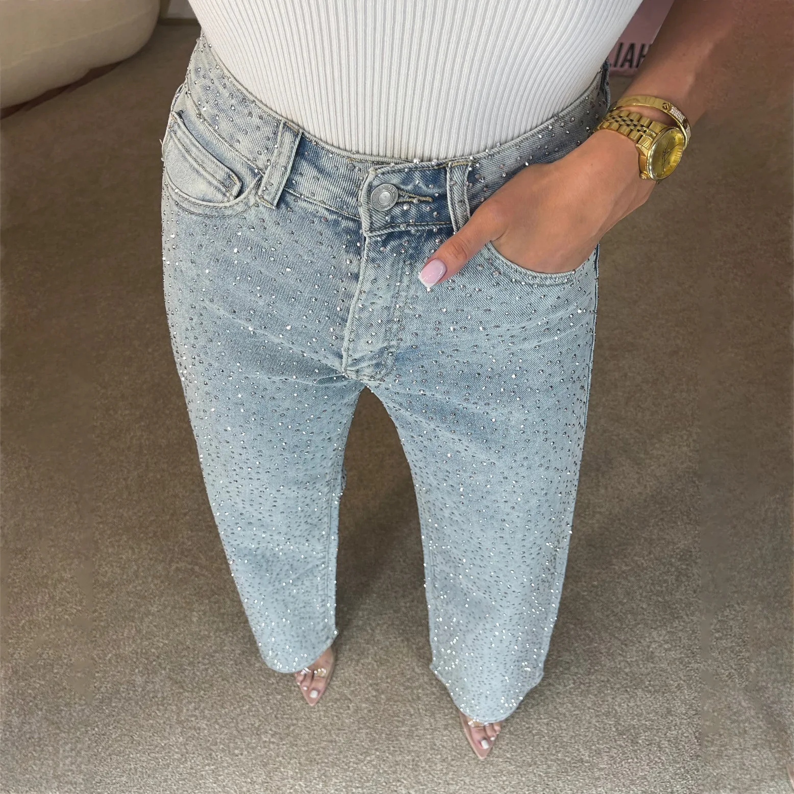 ผู้หญิงหลวม Fit กางเกงยีนส์เอวสูงขาตรง Street แฟชั่นเพชร DENIM กางเกงฤดูใบไม้ผลิฤดูร้อน