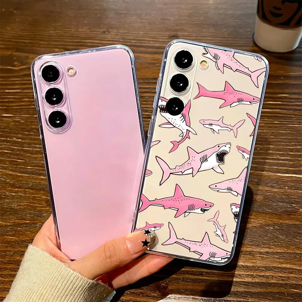 Cartoon pink shark Transparency Soft shell phone case for Samsung Galaxy S26 S25 S24 S23 S22 S21FE,Ultra,Plus Dropresistant