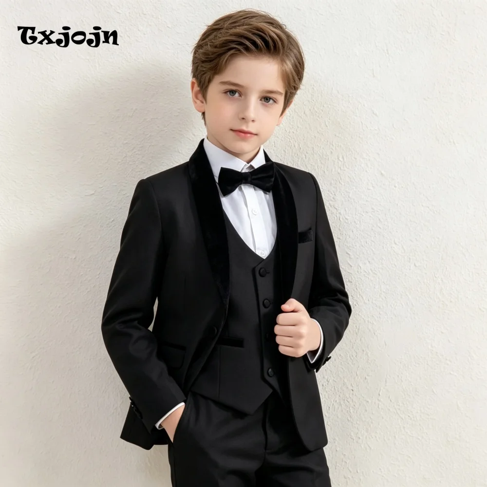 Formal Suit for Boys Wedding Tuxedo 3 Piece Velvet Lapel Jacket Pants Vest for Event Kids Blazer Set Slim Fit Tailored Outfit
