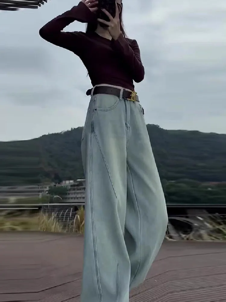 التخسيس ضوء Waed مستقيم الساق الجينز المرأة فضفاضة تناسب عالية الخصر بنطال ذو قصة أرجل واسعة عادية Sle الصيف الجينز #2