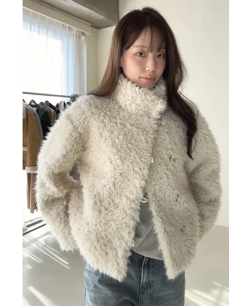 

Korean Sle Winter Stand Collar Faux Fur Coat Women's High End Single Button Warmth Large Coat Curly Hair Skin like Jaet