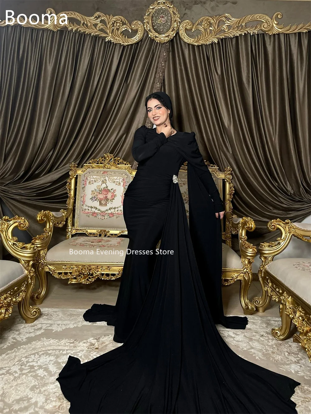 Booma sereia o-pescoço cristal preto elegante vestidos de noite vestidos formais para mulheres simples vestidos de baile feitos sob encomenda