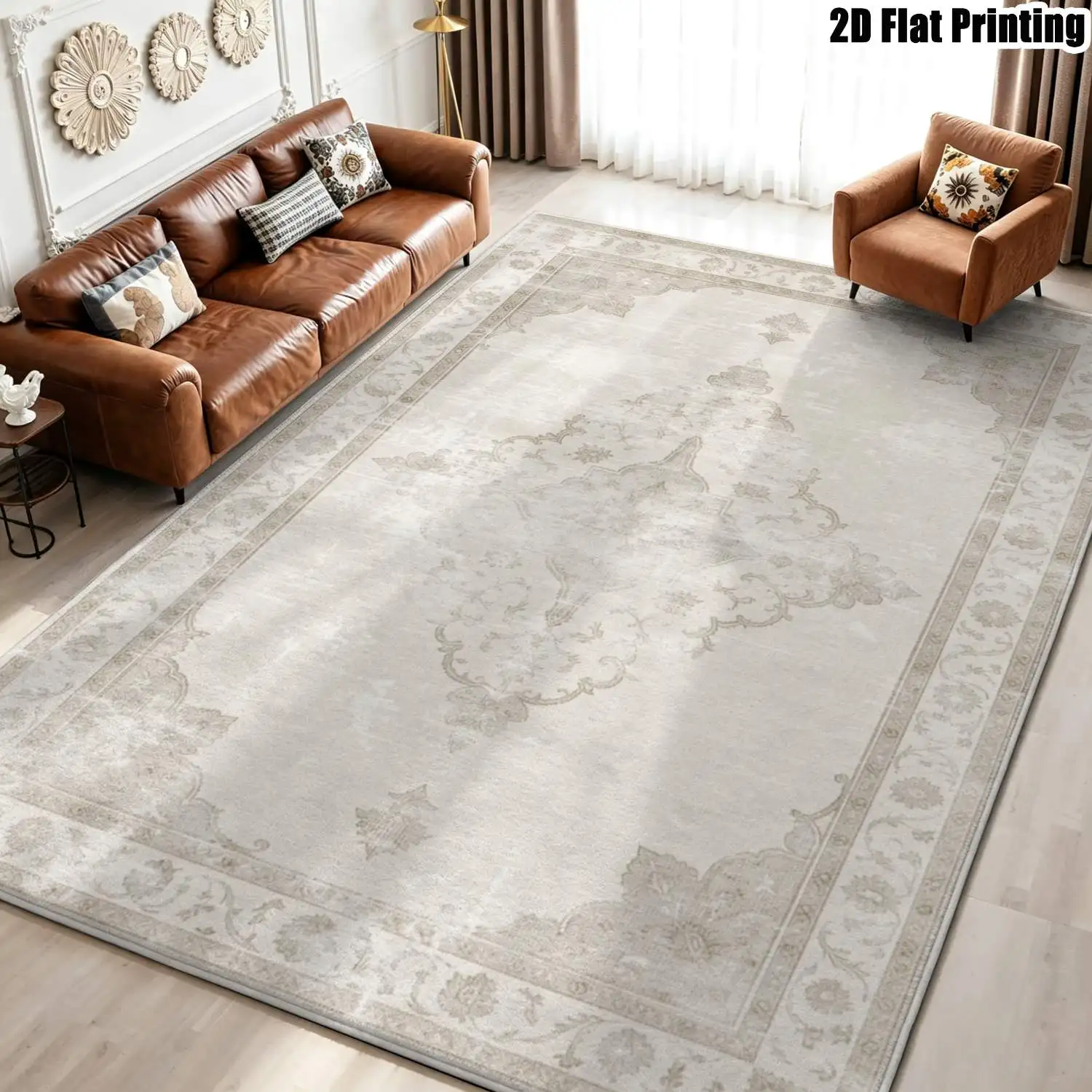 1Pc 2D Printed Carpet: Beige Retro Floral, European Style, Geometric Patterns, Home Decor, Multi-Size, Machine Washable, for Entrance, Dining, Foyer, Bedroom, Living Room