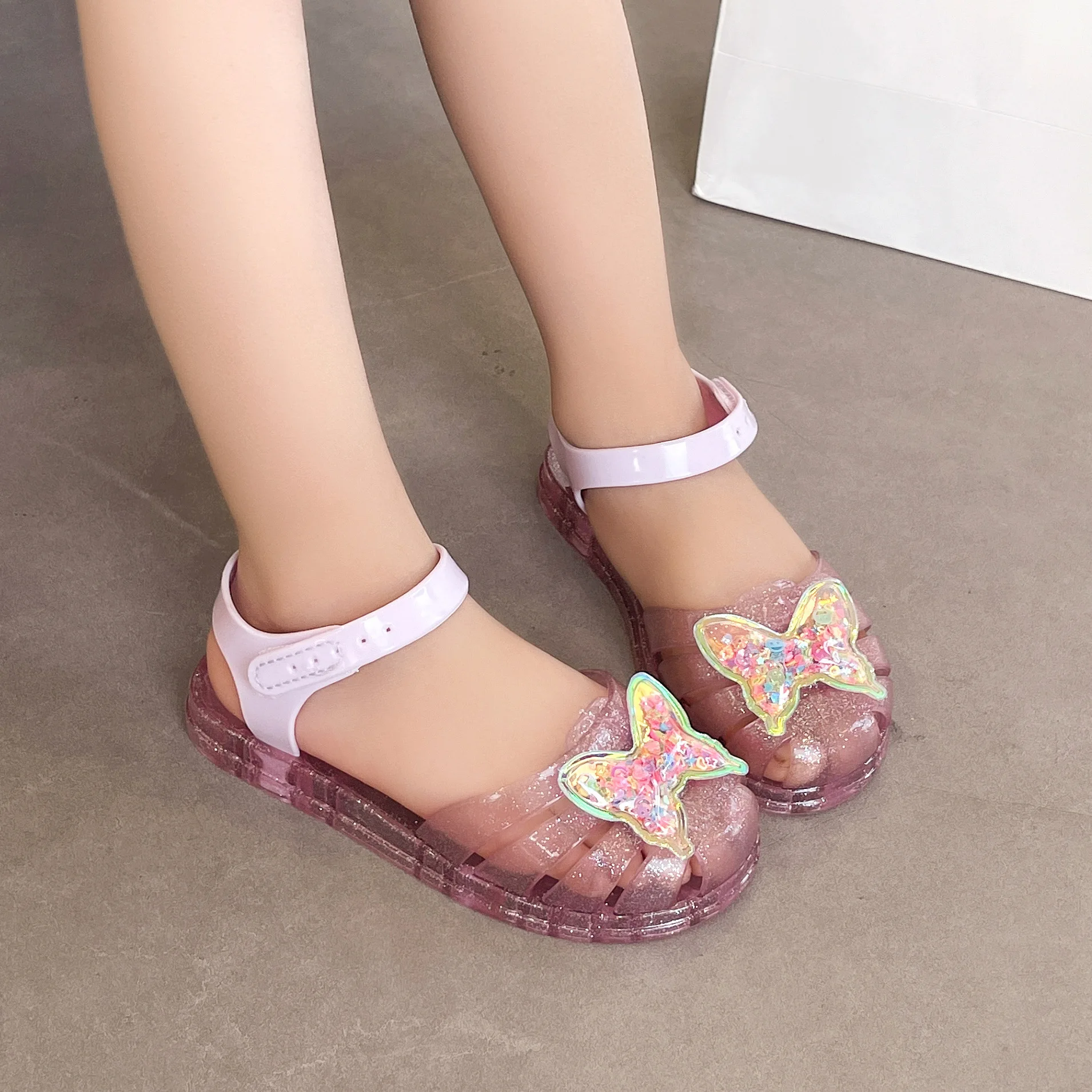 Summer Children Jelly Roman Princess Sandals Kids Slip-on Soft-soled Closed-toe Beach Shoes Girls Butterfly Hollow Water Shoes