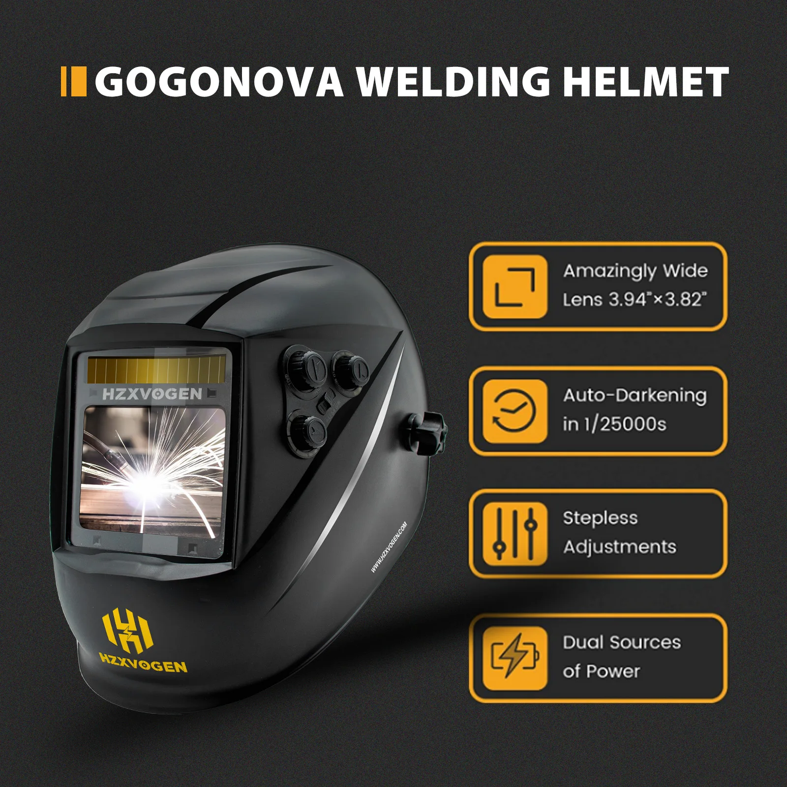 HZXVOGEN HV008 Auto Darkening Welding Helmet 100*97MM Large Viewing Welding Hood True Color Solar/Battery Powered Welder Mask