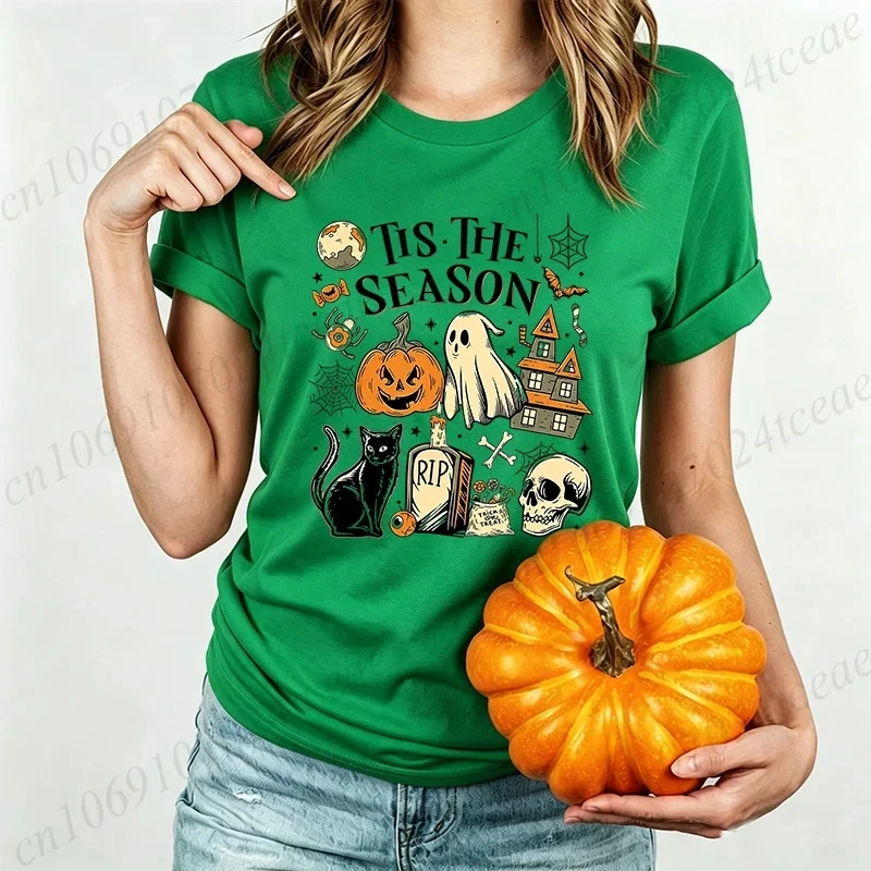 Halloween Shirt Tis The Season Retro Ghost Spooky Season Halloween Costume Tees T-Shirt Y2K Halloween T-Shirts Vintage Tops